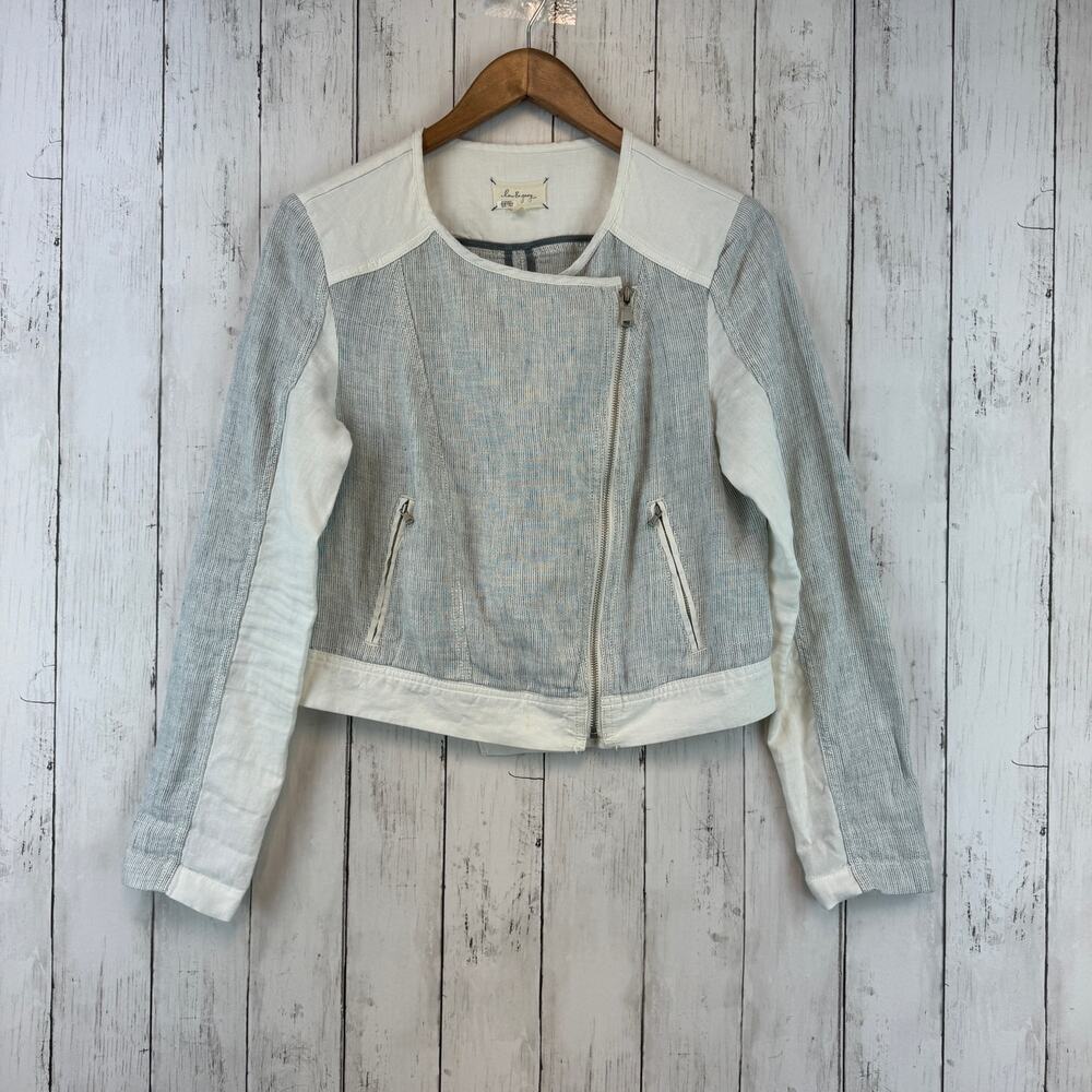 LOU & GREY Loft Blue Striped Linen Asymmetrical Zip Front Jacket Size Small